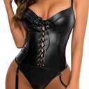 Lilosy Sexy Lace Up Leather Pu Wireless Garter Women Teddy Bodysuit Corset Bustier Top Outfit Nightout One Piece (Black) XL