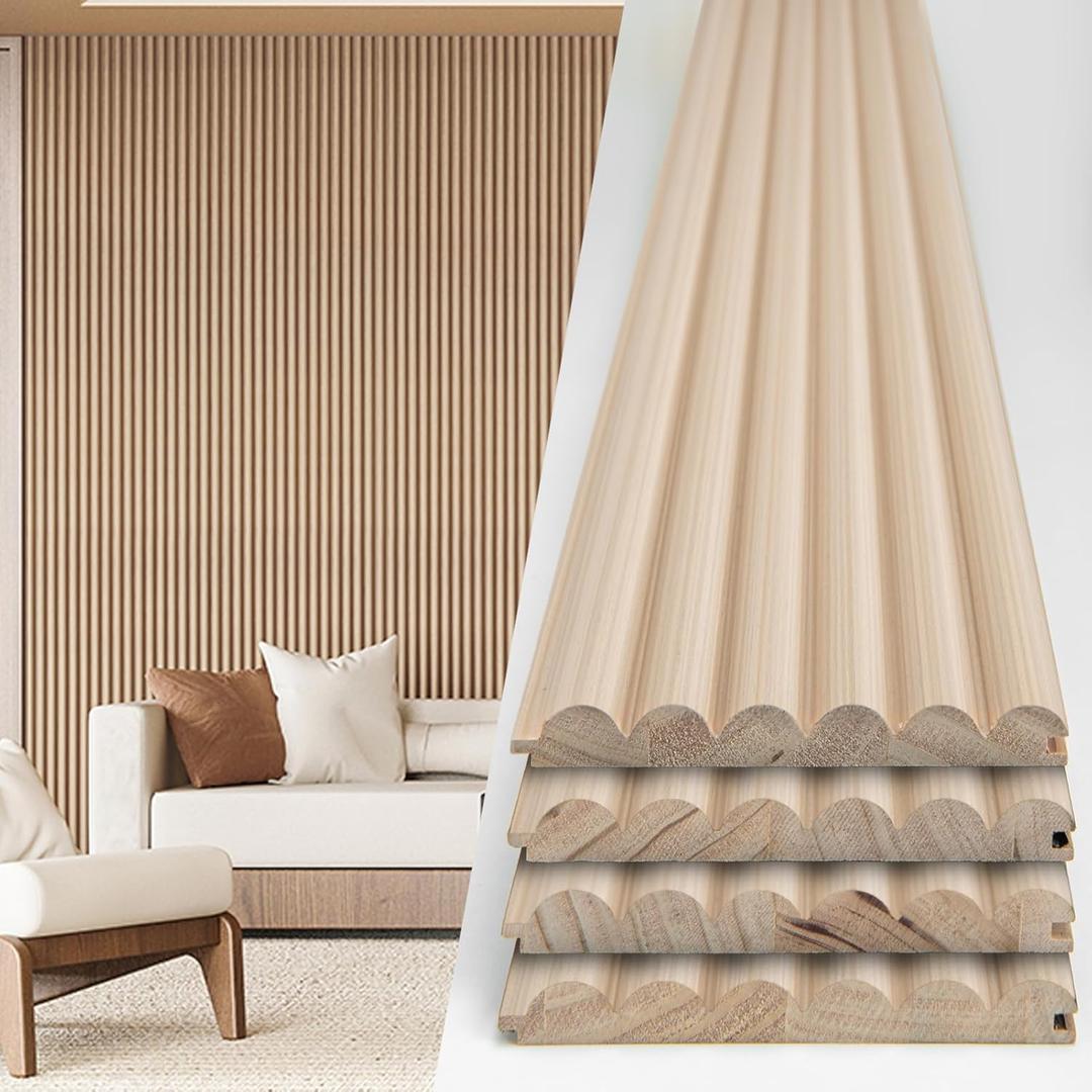Art3d Fluted Wood Panel - 108 x 5.7 x 0.7in for Wall & Ceiling, Beaded Accent Molding for Home Decoration, Pack of 4pcs + 1pc End-Trim, Beaded Ashtree