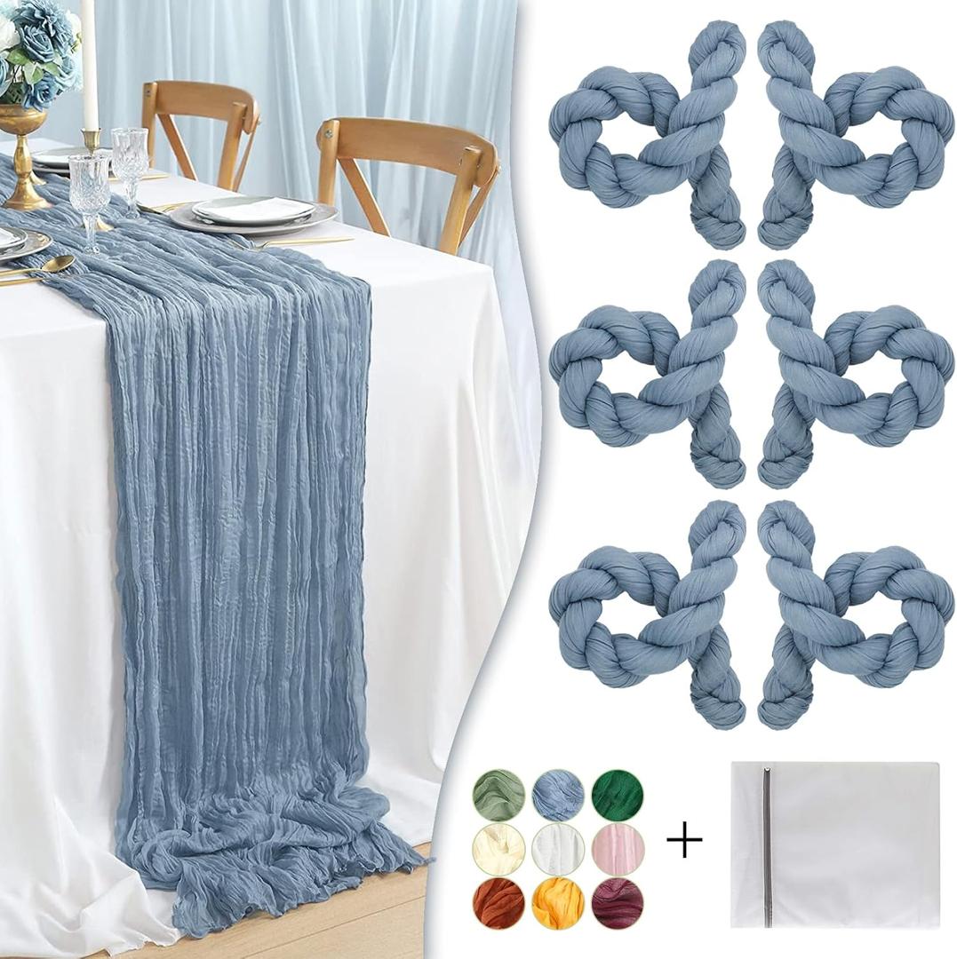 Dusty Blue Cheesecloth Table Runner, 6 Pack 35" Boho Gauze Runner 120 inches Long Runner Rustic Sheer Cheese Cloth Fabric Bulk for Baby Shower Wedding Bridal Birthday Party Decor