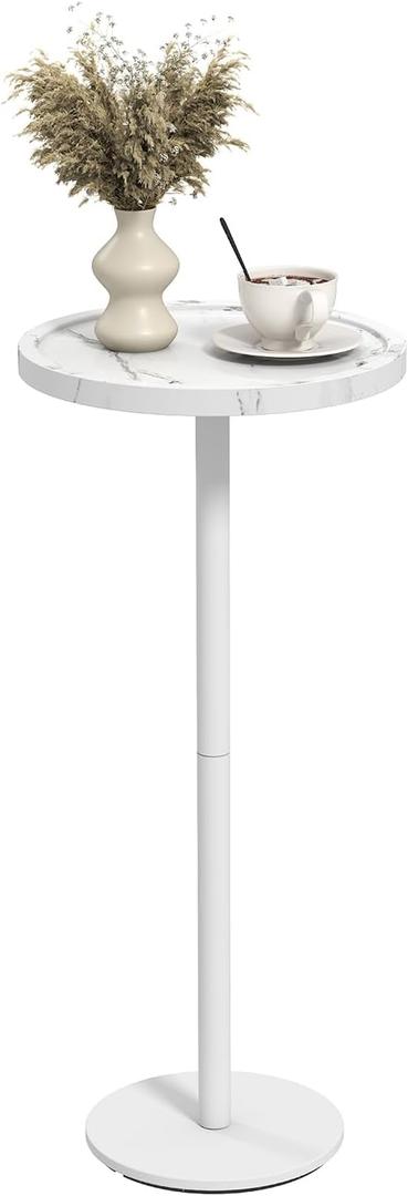 Drink Table, 11 inch Dia., Small Pedestal Side Table, Round Cocktail Table, Circle End Table with Metal Base, for Small Spaces, Living Room, Bedroom, Faux Marble, White
