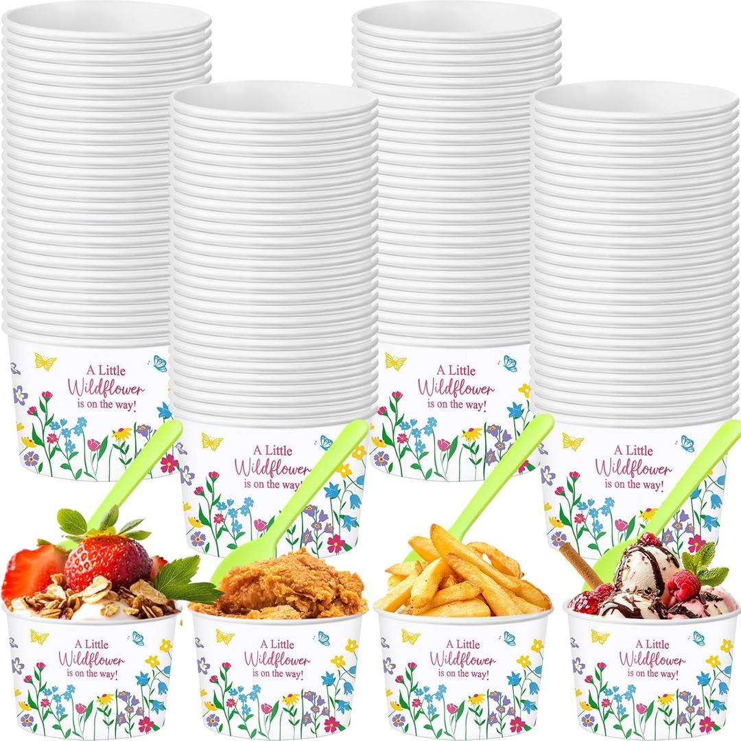 2 x Yungyan 48 Pcs Wildflower Baby Shower Treat Snack Cups 9oz Disposable Ice Cream Bowls a Little Wildflower Is on the Way Paper Cups with Spoons for Birthday Floral Spring Summer Party Decor Supplies