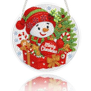 Eiflow Glass Diamond Art Hanging Kit for Adults Christmas, DIY Stained Glass Diamonds Painting Door Hanging Board Kit, Crystal Diamond Art Painting Pendant Ornament Full Drill (Snowman)