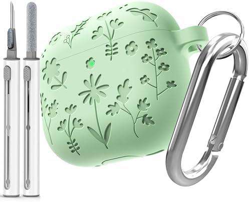Pack Of 2 DamonLight Flora Engraved Case for AirPods 4 Cover Shock-Proof Protective Soft Silicone Case with Keychain for Apple Airpods 4th Generation 2024 Released (Grass Green)