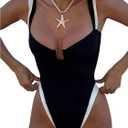 WDIRARA Women's Contrast Trim One Piece Swimsuit Spaghetti Strap High Cut Swimwear, Small
