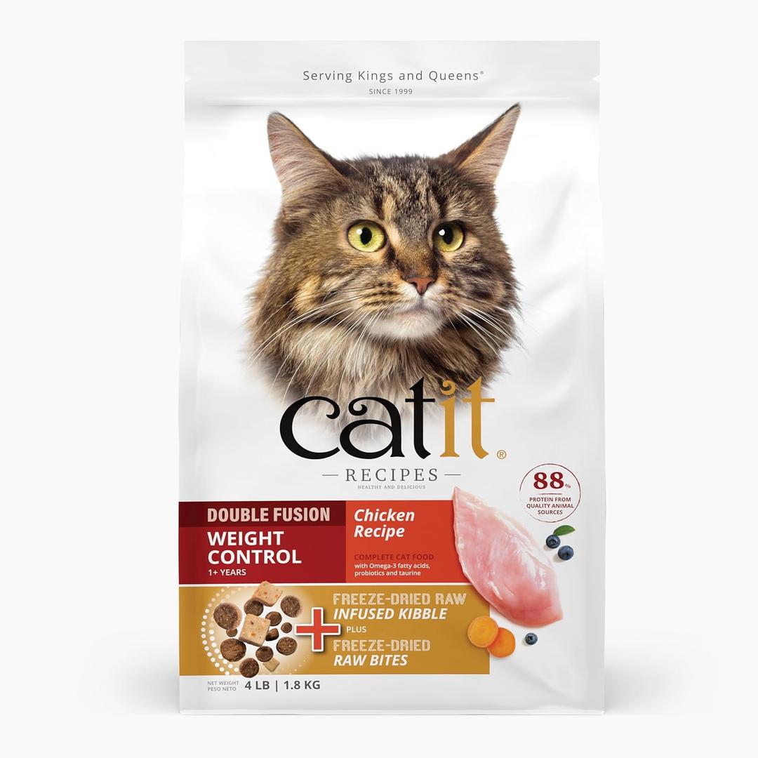 Catit Recipes Double Fusion Weight Control Cat Food Chicken Recipe, High-Protein, Freeze-Dried Raw Toppings, No by-Products, Minimally Processed, Balanced Nutrition, 4 lb (EXP 06/12/26)