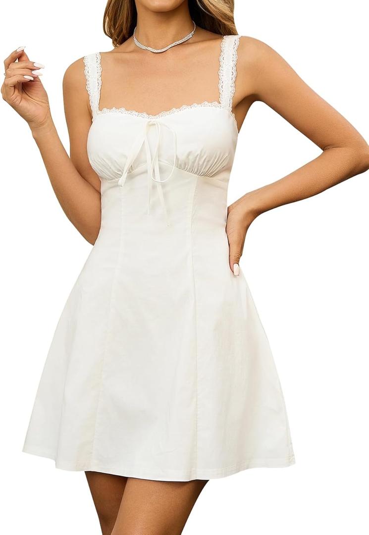 KUTUMAI Lace Square Neck Mini Dress Flowy A Line Short Graduation Dresses for Women Summer 2026 (White, M)