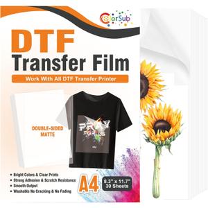 ColorSub DTF Transfer Film 30 Sheets A4 (8.3"x11.7") DTF Paper for Inkjet Printers, Double-Sided Matte Finish PET Transfer Paper Direct to T-Shirt