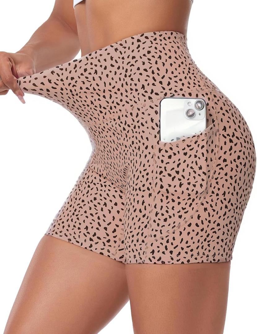 Womens High Waisted Biker Shorts with Pockets for Athletic Yoga Gym Running Workout Summer (Medium, Blush Beige Leopard)