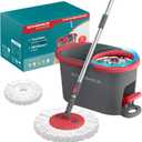 SONGMICS Spin Mop and Bucket Set with Pedal Wringer, Floor Cleaning Mop, Adjustable Telescopic Handle, Max. 59.1-Inch Length, 360 Rotating Head, 1 Microfiber Pad, Gray and Red ULMB002GT01