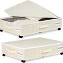 Under Bed Storage with Wheels, 2 Pack Under Bed Storage Containers with Label Holders for Clothes, Shoes and Blankets, Rolling Underbed Shoe Organizer with Cover, Beige (30.71x15.7x7.28 in)