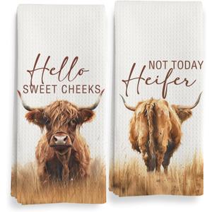 Western Highland Cow Bathroom Decor Towels, Farmhouse Hello Sweet Cheeks Hand Towel Set, Christmas Highland Cow Lover Gifts, Microfiber Dish Tea Towels 16x24in