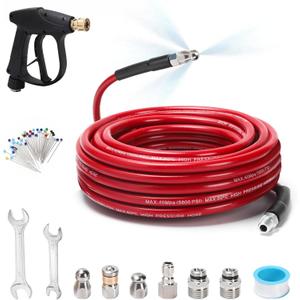 Sewer Jetter Kit for Pressure Washer 50 FT, Drain Cleaner Hose with Power Washer Gun, 1/4 Inch NPT Corner, Rotating and Button Nose Sewer Jetting Nozzle,Waterproof Tape, Pearl Corsage Pin, Spanner