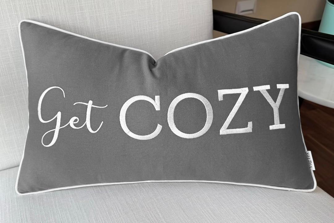 Romantic Couple Love Sentiment Embroidered Decorative Sayings Lumbar Accent Throw Pillowcase - Get Cozy Phrase Decor for Wedding, Anniversary, Valentine - 12x20 Inches, Dark Grey