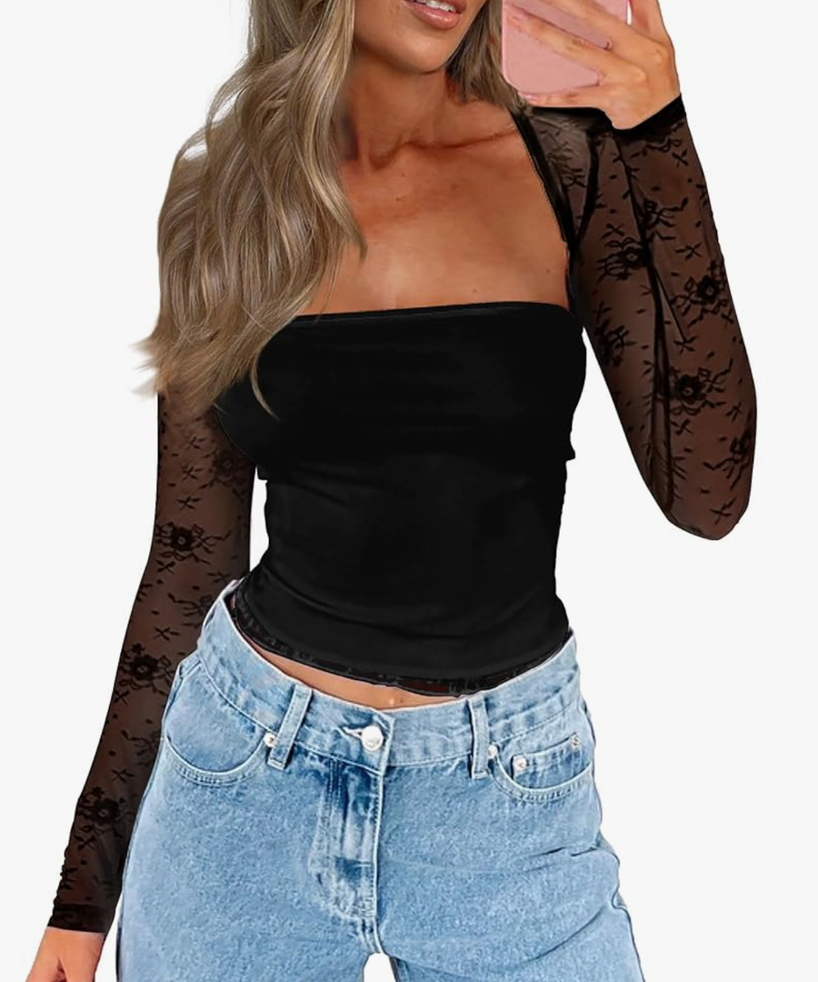 CSDAJIO Women's Going Out Tops Lace Long Sleeve Square Neck Crop Top Shirt Strapless Tube Top and Bolero Set Size S