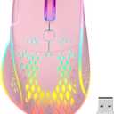 VEGCOO Wireless Gaming Mouse, C30 Silent Click Wireless Rechargeable Gaming Mouse with Double-Click Key and Colorful LED Lights, 3 Level Adjustable DPI for Gaming and Working (Pink)