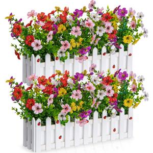 Artificial Colorful Flowers Plants in Picket Fence Pot, Fake Silk Flowers Eucalyptus Plants for Wedding Home Porch Patio Yard Garden Window Box Spring Decoration (Set of 2, Multi-Color), self-assembly