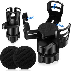 Frienda Cup Holder Expander for Car Multifunctional Dual Adjustable Car Cup Holder Black 360 Degree Adapter with 2 Pcs Silicone Mat for Bottle Drink(4.65 x 3.43 x 8.46 Inch)