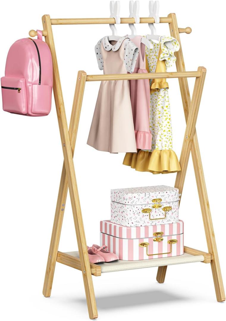 Kids Clothing Rack, Small Clothes Rack for Toddler Pets, Kids Dress Up Rack with Storage Shelf & Double Rods, Foldable Kids Clothes Rack for Nursery Child's Room (Small Size)