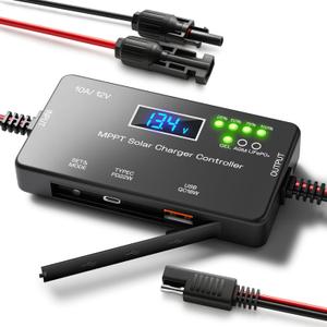 MPPT Solar Charge Controller 12V 10A, Solar Panel Regulator with LCD Display, Type-C & USB Charging Ports, Compatible with LiFePO, Lithium, Gel, AGM Battery for RV Boat Marine Off-Grid System