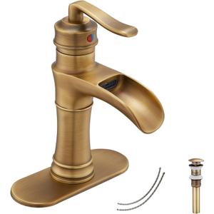 Waterfall Bathroom Faucet Antique Brass GGStudy Single Handle One Hole Farmhouse Bathroom Vanity Faucet Basin Mixter Tap Deck Mount with Drain Assembly (Short)
