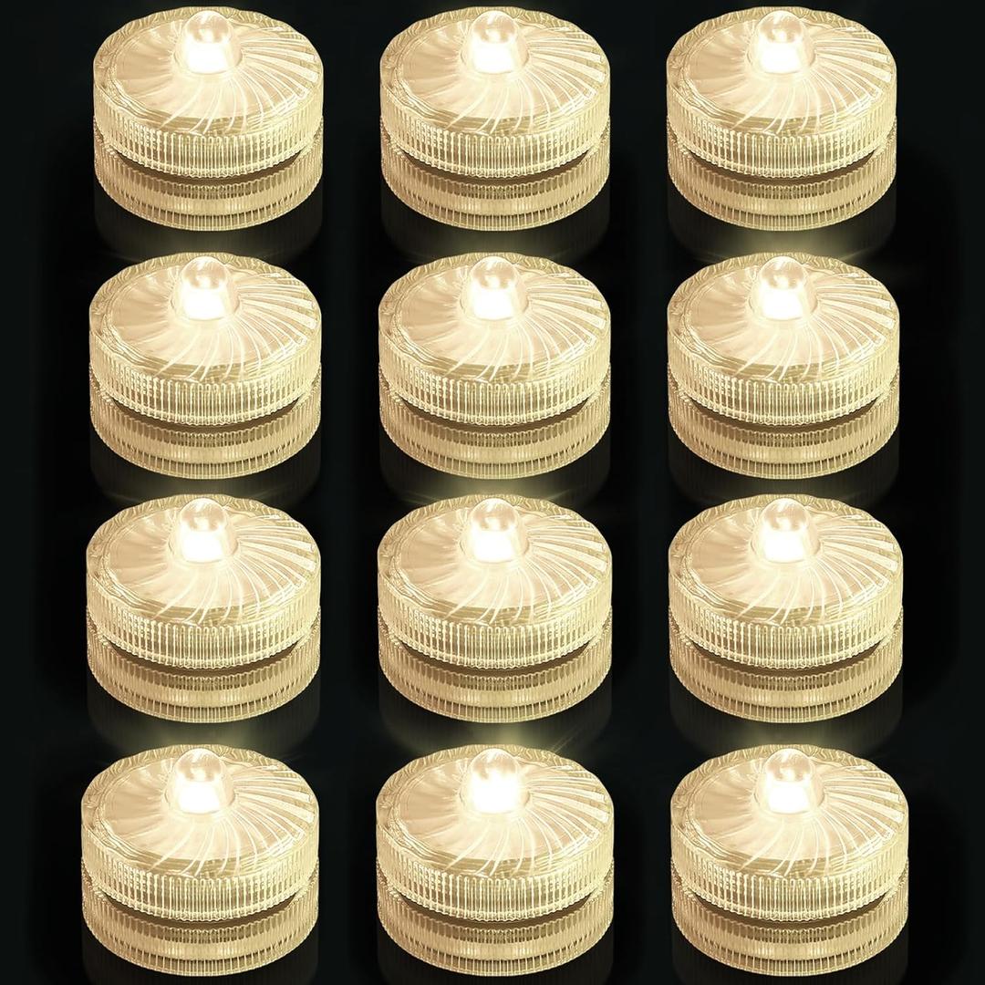 2 x Submersible LED Lights, Warm White Waterproof Flameless Candle Tealights, Battery Operated Underwater Pool Lights for Vases Table Centerpieces Weddings Party Halloween Christmas Decor, 12 Pack