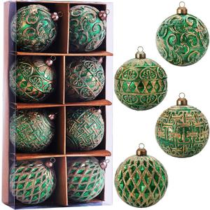 3.15" Vintage Christmas Ball Ornaments, Rustic Green Frosted Distressed Christmas Ornaments Set, Shatterproof Farmhouse-Style Tree Decorations for Xmas Home Holiday Dcor(Pack of 8)