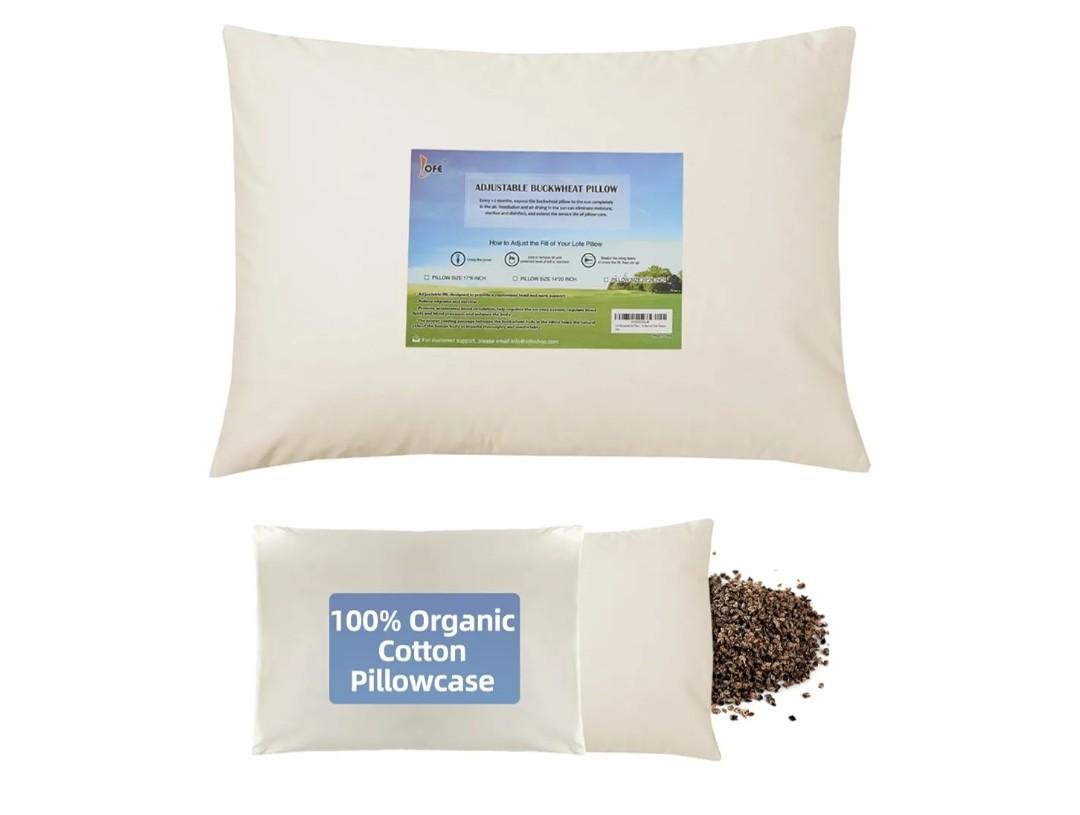 LOFE Organic Buckwheat Pillow for Sleeping with Organic Cotton Pillowcase - ' Adjustable Pillow, Breathable for Cool Sleep, Cervical Support for Back and Side Sleepers(Tartary Buckwheat Hulls)