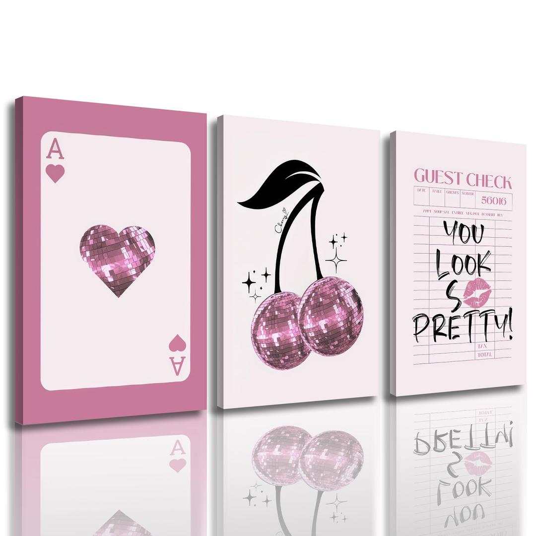 3Pcs Framed Pink Disco Canvas Wall Art, 16x24 In