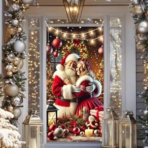WDESYADMS 1PC 2D Flat Christmas Couple Door Banner Santa and Mrs Claus Hug Holiday Porch Sign Polyester Double-Sided Display for Home Xmas Outdoor Decorations 12×71 Inch