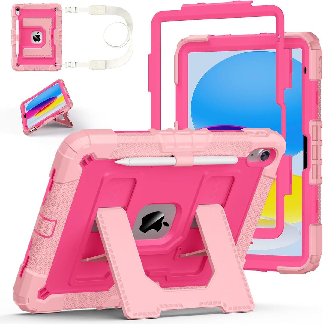 Case for iPad A16 11th/10th Generation 11/10.9 Inch 2025/2022, Auorld for ipad a16 case 11 in 2025 Military Grade Shockproof Cases with Kickstand Pencil Holder Shoulder Strap, Pink Rose