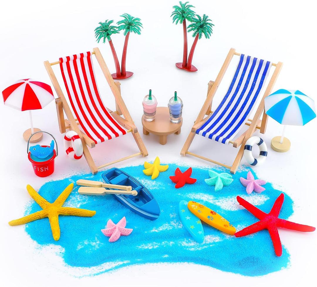 Minatee 25 Pcs Beach Miniature Dollhouse Decoration, Umbrella Palm Chair Miniature Toys Garden Dollhouse Outdoor Accessories Beach Decorations for DIY Garden Plant Pool(Red, Blue)