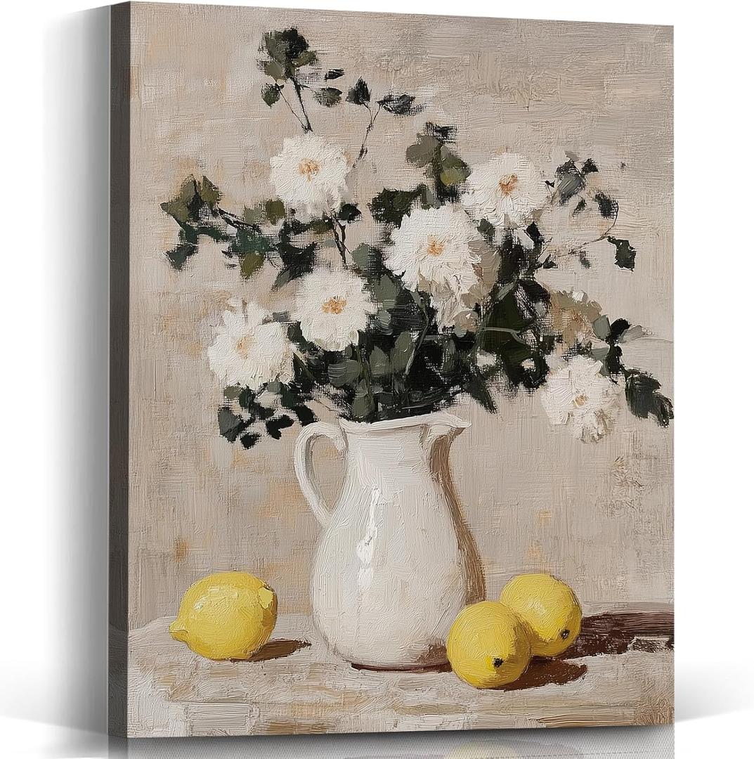 Voxitura Vintage Floral Lemon Farmhouse Wall Art Canvas, Rustic Flower Wall Decor Living Dining Room, Antique Still Life Paintings Pictures Prints Framed Decorations for Bedroom Kitchen 12x15in