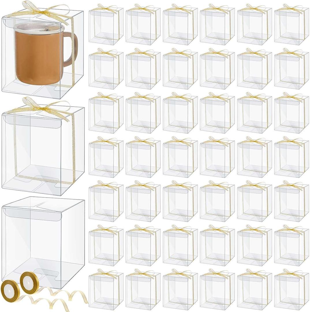 50 Pcs Mug Gift Boxes Clear Tumblers Packaging Box with Ribbon for Sublimation Tumblers Compatible with Stanley 11oz 12oz 15oz 20oz 30oz 40oz(4.9 x 4.3 x 4.1 Inch)