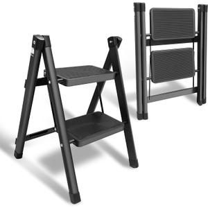 Step Ladder 2 Step Folding Stool with Wide Anti-Slip Pedal, Kitchen Step Stools for Adults Support up to 300 Lbs, Closet Step Stool Foldable for Home Library Office