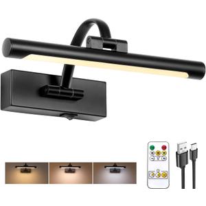 Tassuowell Battery Powered Picture Light with Remote and Timer,Full Metal Art Light with Swing Arm,12 Inch Dimmable,3CCT in One, Rechargeable Wall Lights for Display, Artwork, Canvas,Hallway (Black)