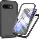 for Google Pixel 9A 5G Case, for Google Pixel 9A Phone Case with Built-in Screen Protector Clear Slim Back Cover Shockproof Rugged Heavy Duty Bumper Full Body Protective Case, Black