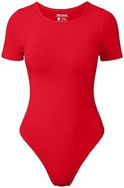 OQQ Womens Bodysuits Crew Neck Short Sleeve BasicStretch Classic-Fit Tops Sexy Bodysuits Red, S