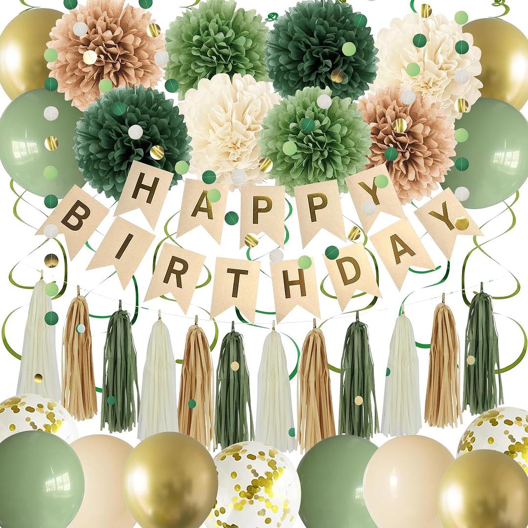 Green Birthday Party Decorations for Women Girls with Happy Birthday Banner, Tissue Paper Pompoms, Paper Tassel, Circle Garland, Hanging Swirl, Birthday Balloons for Party Decor (sage green)