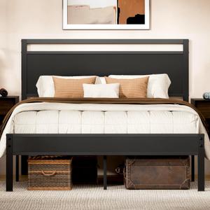 Easy to Assemble Queen Bed Frame with Wood Headboard & Footboard, Tool-Free Metal Platform Bed Frame, Upgraded Heavy Duty Sturdy Foundation, No Noise, No Box Spring Needed,Large Under Storage, Black