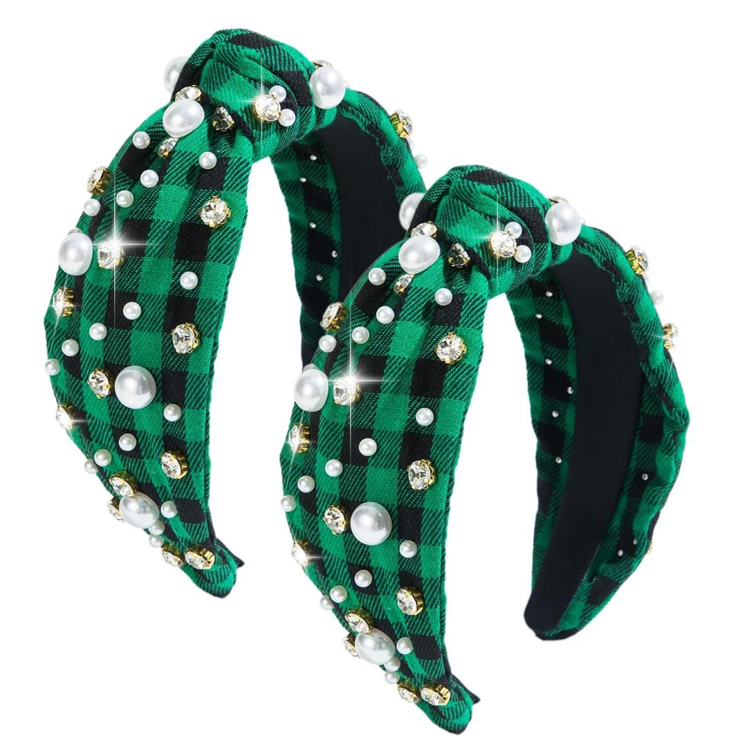 2 x Plaid Headband for Women Christmas Pearl Knotted Headband Fashion Elegant Ladies Wide Knot Headbands Headpieces Hair Accessories (2 Pack Green Plaid) (One Size)