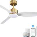 Hoenofly 48 Inch Smart Ceiling Fans with Lights and Remote Control,Dimmable LED Light,Outdoor Indoor Gold White Ceiling Fan,Quiet DC Motor,WIFI Alexa App Workable,for Modern Bedroom Living Room Patio