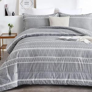 WONGS BEDDING Grey Comforter Set Queen Size, Soft Bohomian Comforter with 2 Pillowcases, Reversible Boho Striped Bedding Set Queen for All Season (90"x 90")