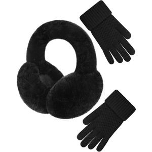 Senker Fashion Winter Ear Muffs Gloves for Women Foldable Warm Earmuffs Faux Fur Fluffy Warmers Covers Headband Cold Weather (Dark Black)