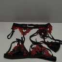 RSLOVE Women Lingerie Sets with Garter Belt 3 Piece Lace Teddy Babydoll Bodysuit (Medium, Black&red)