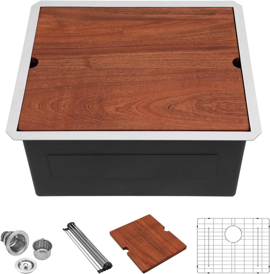 Lordear 23 Inch Laundry Room Sink Undermount 16 Gauge Stainless Steel Single Bowl 13 Inch Deep Handmade Utility Sink with Full Cutting Board, 23" x 19" x 13"