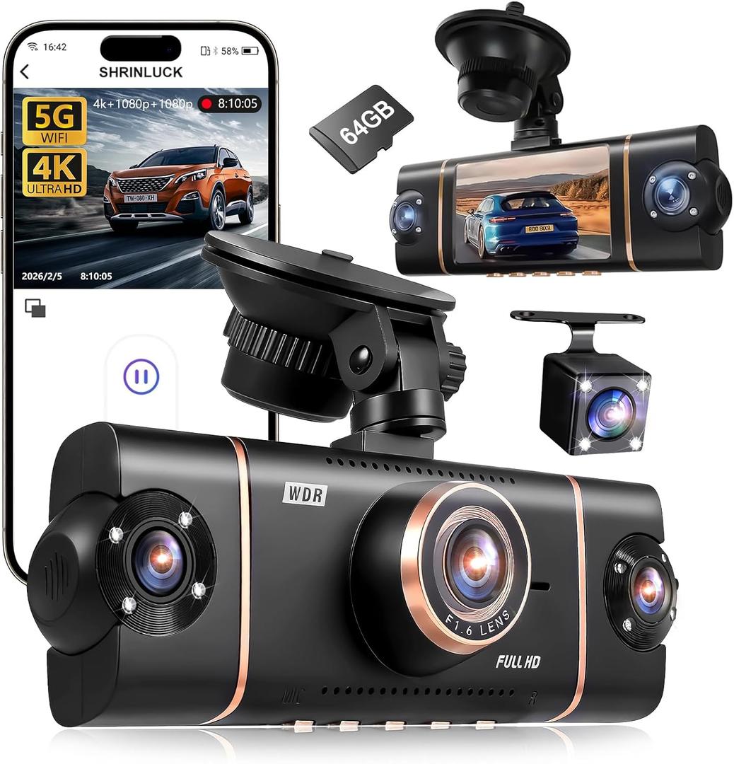 4 Channel Dash Cam 360° View Front Rear Inside & Left Right,4K+1080P*3 FHD Car Camera,5G WiFi & APP Control,8 IR Lamps Night Vision, G-Sensor, 24H Parking Mode, with a Free 64GB SD Card