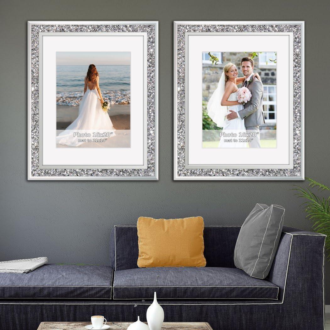 Big Mirror Photo Frame 16x20inch Mat To 11x14inch Crushed Diamond Bling Sparkle Home Decor, 2 Pack Crystal Silver Glass Wedding Picture Poster Wall Frame.