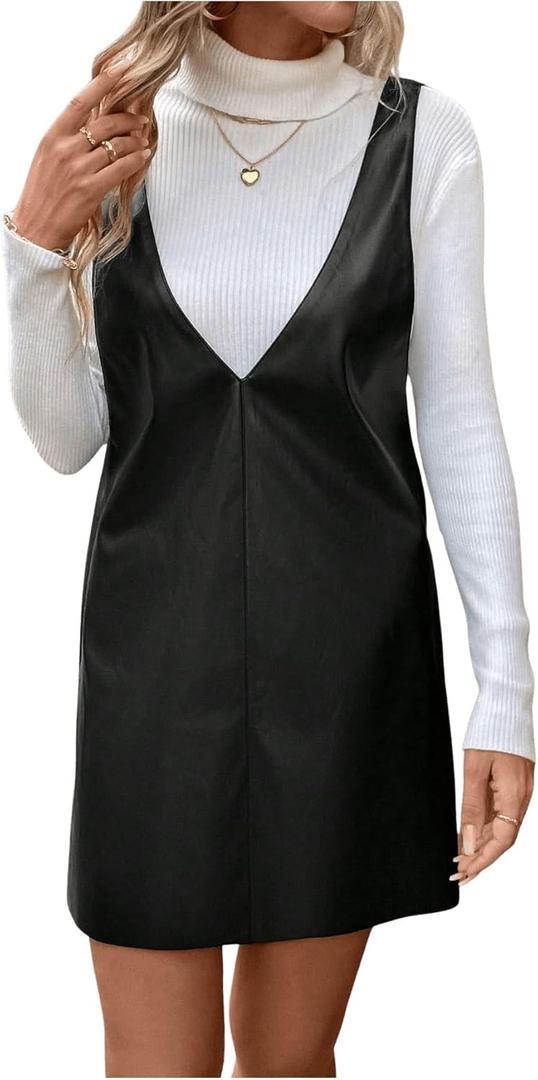 Milumia Women's Deep V Neck Leather Pinafore Overall Mini Dress Jumper Dresses (Black)