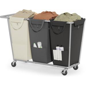 SONGMICS Laundry Basket with Wheels, 3-Section Laundry Sorter, 76.6 Gallons (290 L) Rolling Hamper with Removable Bags, Heavy-Duty Steel Frame, Cream White, Dark Gray and Ink Black URLS010X01
