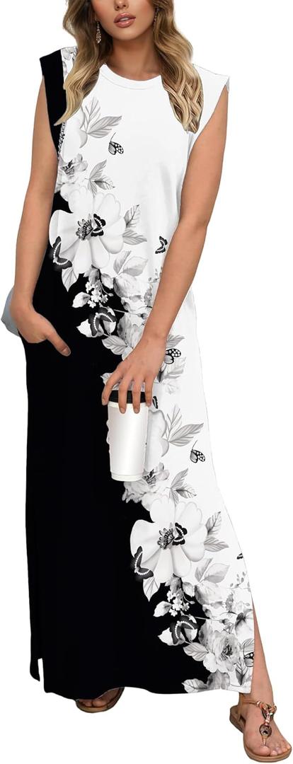 GRECERELLE 2025 Women Summer Casual Round Neck Cap Sleeve Maxi Dress with Pockets Beach Vacation Sundress (Large, Black White Azalea) GRECERELLE 2025 Women Summer Casual Round Neck Cap Sleeve Maxi Dress with Pockets Beach Vacation Sundress (Large, Black White Azalea)